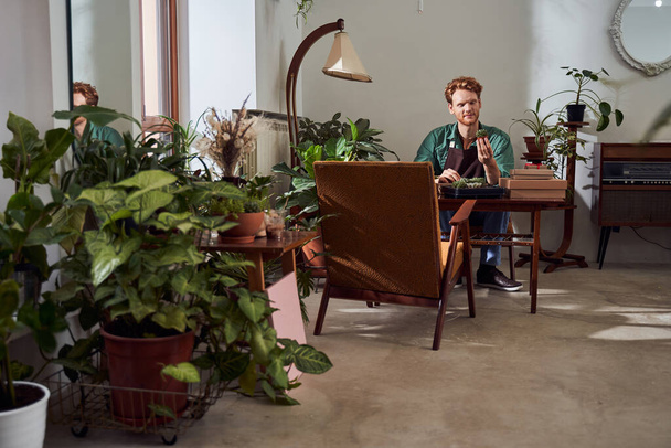 Florist taking care about cactuses - 写真・画像