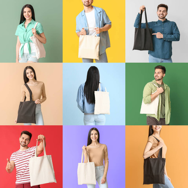 Set of people holding blank bags on color background - Photo, Image