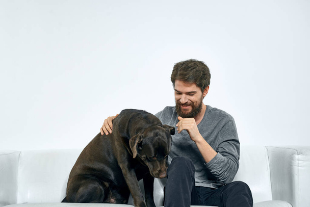 Ο άνθρωπος με ένα σκυλί συντροφιάς στον καναπέ διασκέδαση φίλους συναισθήματα φως δωμάτιο - Φωτογραφία, εικόνα