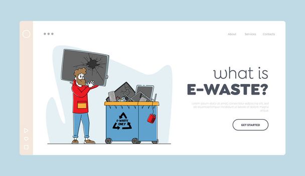 E-Müll Recycling, Naturschutz Landing Page Template. Männliche Charaktere werfen kaputte Fernseher in den Abfalleimer für Technik - Vektor, Bild