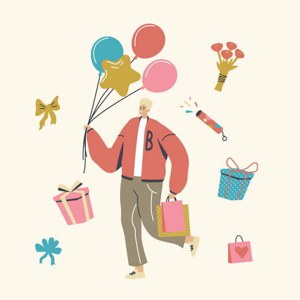 Happy Man μεταφέρουν μπαλόνια και δώρα σε χάρτινες τσάντες ή κουτιά τυλιγμένα με εορταστικό τόξο. Αρσενικό χαρακτήρα προετοιμασία δώρα - Διάνυσμα, εικόνα