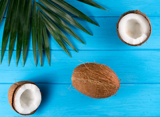 kokosové a palmové listy na modrém dřevěném pozadí - Fotografie, Obrázek