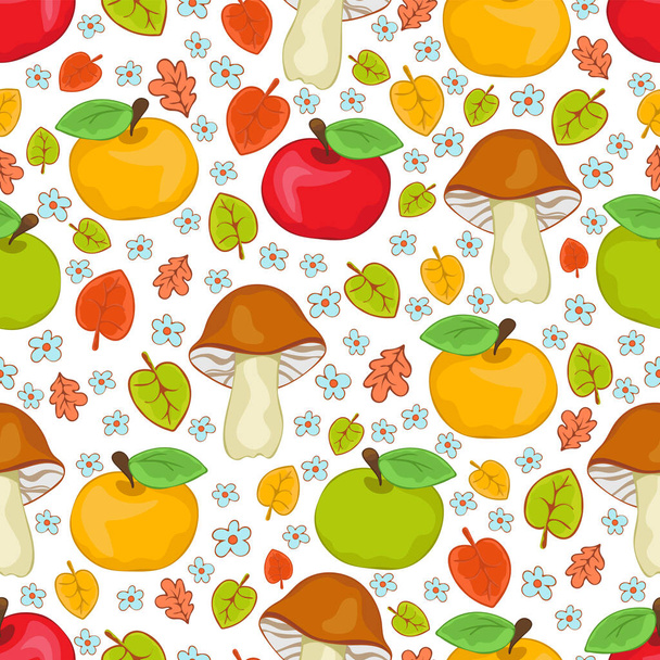 Red, green and yellow apples, mushrooms and leaves seamless pattern, cartoon hand drawing, colorful autumn background. For fabric design, textile prints, bright cute wallpapers. Vector illustration - 写真・画像