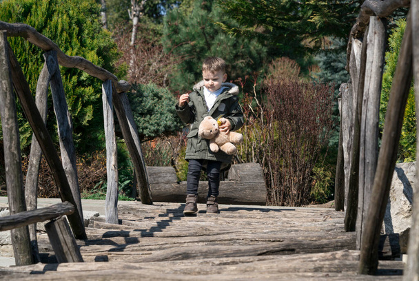 маленький хлопчик перетинає дерев'яний міст
 - Фото, зображення