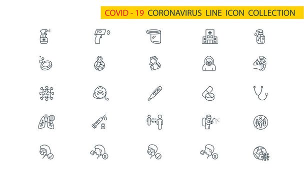 Sada ikon tenké čáry koronaviru, sada symbolů Covid-19 nebo vektorové náčrty. 2019-ncov značky nastaveny  - Vektor, obrázek
