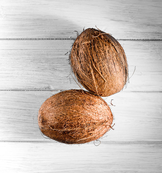 deux noix de coco hawaïenne brune entière, sur fond gris - Photo, image