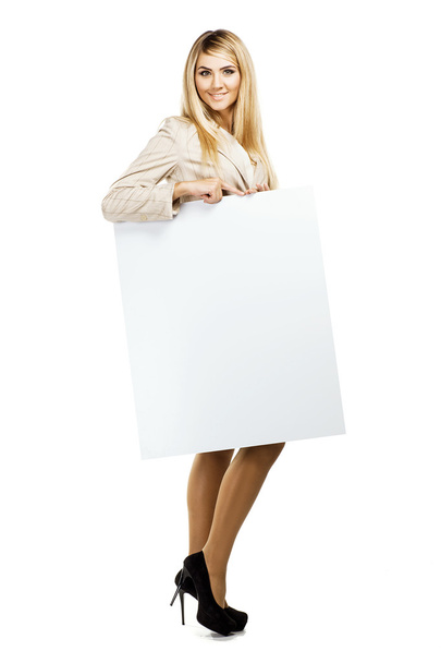 Woman holding a empty paper blank - Foto, Bild