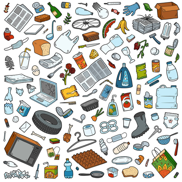 Conjunto de artículos reciclables sobre fondo blanco. Colorida colección vectorial de objetos sobre el tema de la basura y la contaminación ambiental - Vector, Imagen