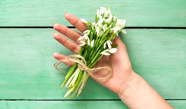 bouquet of snowdrops in a female hand - Photo, Image