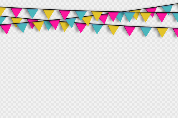 Bunting hanging banner with shadow on transoarent background. Hanging triangular flags, colorful garlands for holiday decoration. Vector. - Vector, Image