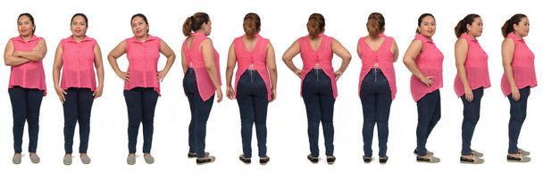 vista da mesma mulher latino-americana de pé em diferentes poses no fundo branco, lado, verso e vista frontal - Foto, Imagem