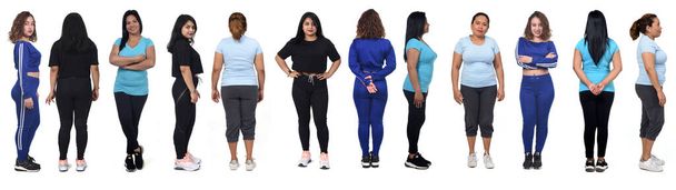 grupo grande vista trasera, frontal y lateral de las mujeres latinoamericanas con ropa deportiva sobre fondo blanco - Foto, imagen