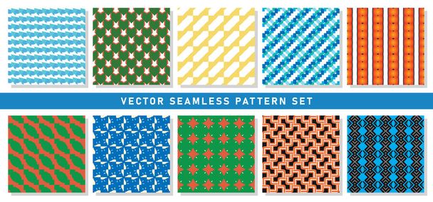 Fondo de textura de patrón sin costura vectorial con formas geométricas en colores azul, verde, naranja, amarillo, negro, blanco y gris. - Vector, Imagen