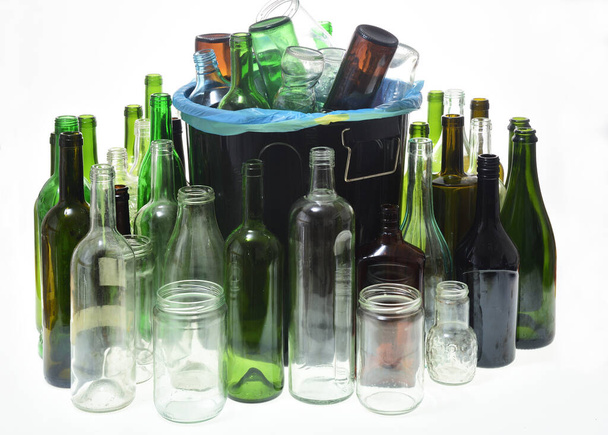 large group of  garbage and jars can with bottles for recycling on white background - Photo, Image