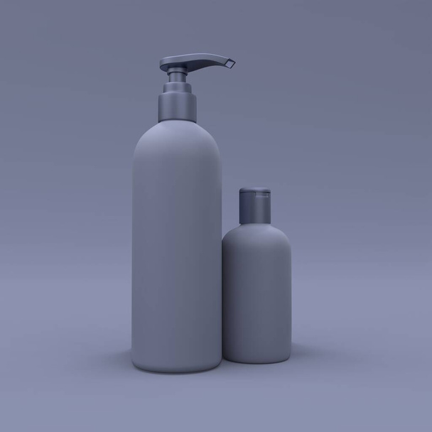 Κομψά καλλυντικά μπουκάλια closeup σε σκούρο μπλε φόντο. Μοντέρνο σχέδιο κάλυψης. 3D εικονογράφηση. - Φωτογραφία, εικόνα