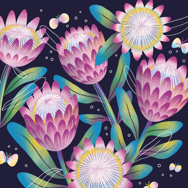 Exotische Protea-Blumen und Schmetterlinge, schöne Illustration, tropische Illustration mit kunstvollen Doodle-Blättern - Foto, Bild