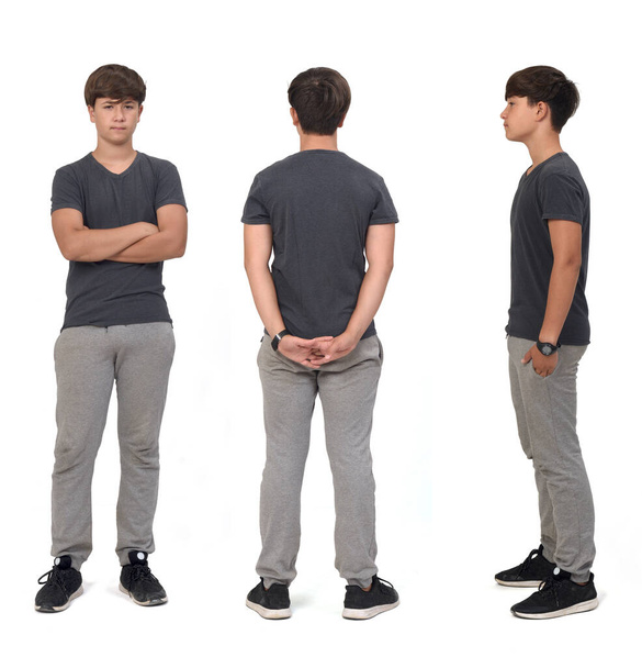 vista frontal, lateral y trasera del mismo adolescente con ropa deportiva en blanco - Foto, imagen