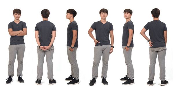 gran grupo de vista frontal, lateral y trasera del mismo adolescente con ropa deportiva en blanco  - Foto, imagen