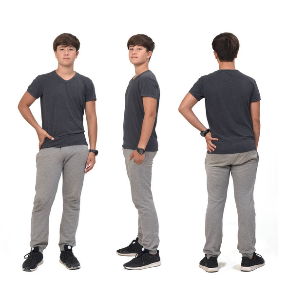 front,side and back view of same teenage boy with sportswear on white - Photo, Image