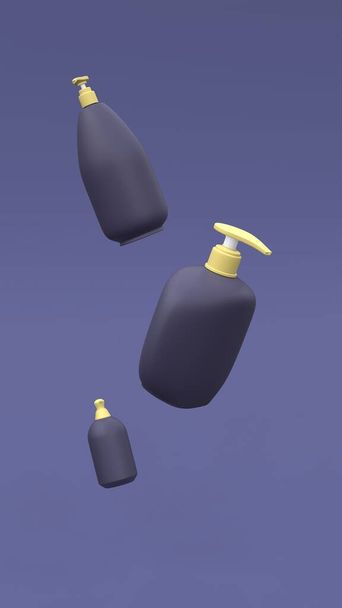 Garrafas cosméticas elegantes voando no ar em fundo azul escuro. Design de capa moderna. ilustração 3d. - Foto, Imagem