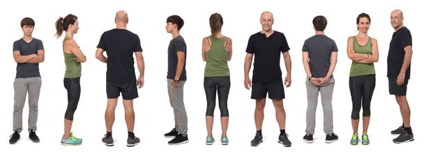 Front, side and back views of a family wearing sportswear on white background. - Photo, Image