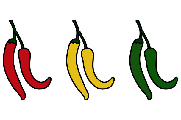 Set of three colours of vector chilli pepper illustration on white background - Vector, Image