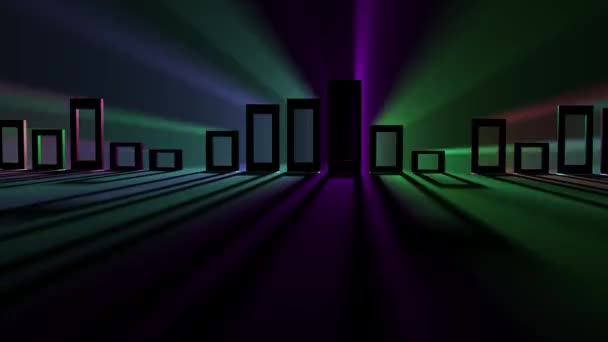 Abstrakte 3D-Animation von Rechtecken in Hohlform in einer Reihe, die mit mehrfarbigen Streuungen und beweglichen Lichtstrahlen in verschiedenen Farben tanzen. - Filmmaterial, Video