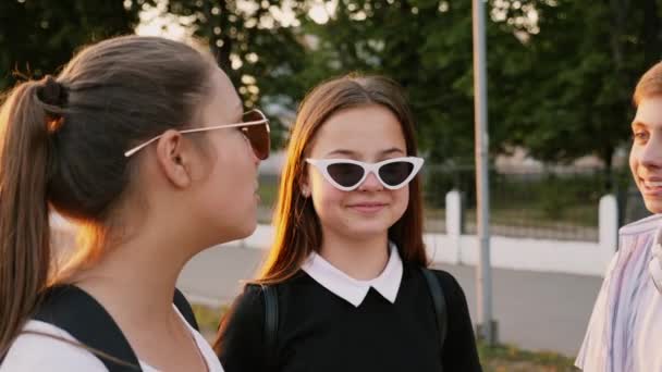 Adolescentes pupilas sonríen, discutiendo algo juntos - Metraje, vídeo