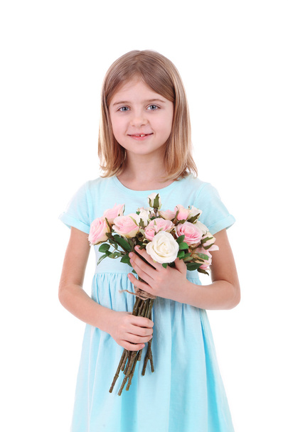 Beautiful little girl holding bouquet isolated on white - Foto, Imagem