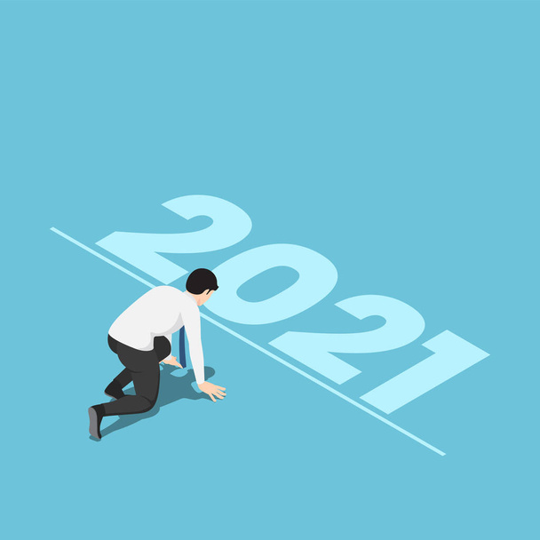 Mieszkanie 3d Izometryczny Biznesmen w pozycji wyjściowej i gotowy do Nowego Roku 2021. Start New Career and New Year Challenges Concept. - Wektor, obraz