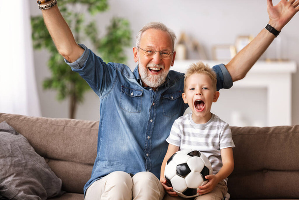 Happy senior grandfather and boy with ball screaming and celebrating goal while sitting on couch and watch football match on TV togethe - Fotó, kép