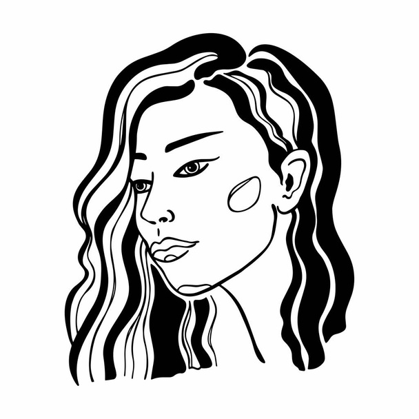  Vector retrato ilustração preto-branco de uma jovem. rosto feminino em um fundo branco isolado. - Vetor, Imagem