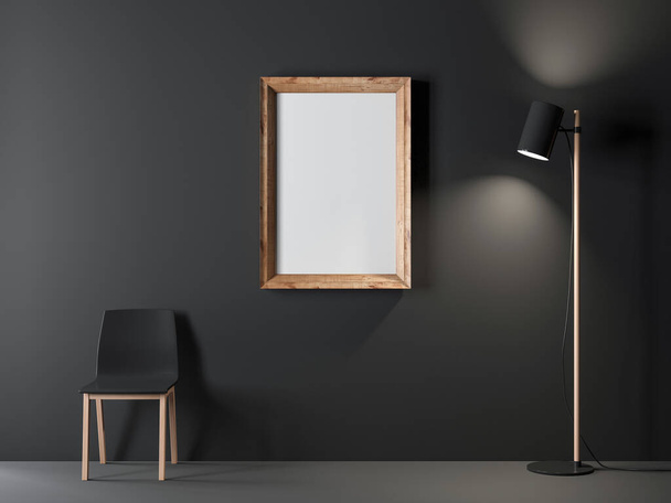 Wooden vertical Frame Mockup hanging on black wall in modern living room, 3d rendering - Zdjęcie, obraz
