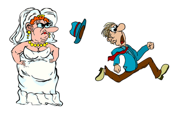 Αστείοι νεόνυμφοι απομονωμένοι σε λευκό φόντο. Ο γαμπρός το σκάει από τη νύφη. Κυνηγημένος γαμπρός κυνηγημένος από νύφη. Φοβισμένος γαμπρός τρέχει μακριά από τη νύφη και το γάμο. Ο τύπος φοβάται το γάμο και την ανατροφή. Εικόνα διανύσματος αποθέματος - Διάνυσμα, εικόνα