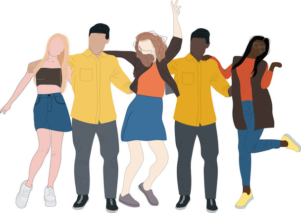 Group of multicultural students flat vector illustration. Young girls and boys characters on white background. Happy teenager in casual clothes. Youth lifestyle.   - Vector, Image