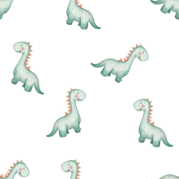 seamless pattern with cartoon dinosaurs in green color, childrens watercolor illustration on white background - Valokuva, kuva