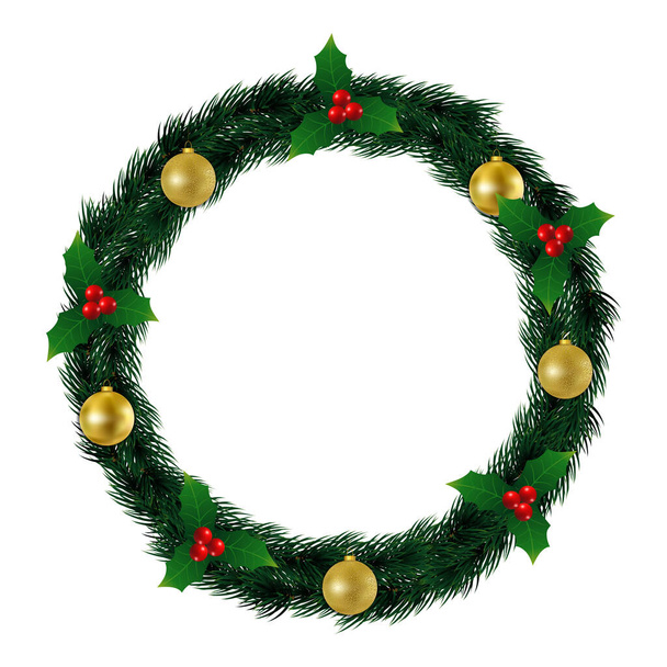 Ghirlanda di Natale con rami di pino realistici, bacche rosse e palle d'oro. Decorazione natalizia. Isolato su sfondo bianco. Vettore. - Vettoriali, immagini