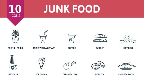 Conjunto de ícones Junk Food. Coleção contém hambúrguer, batatas fritas, beber com uma palha, café e sobre ícones. Junk Elementos alimentares conjunto - Vetor, Imagem