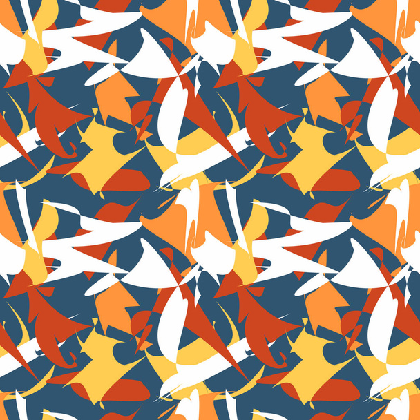Multicolored abstract pattern of different shapes in yellow and orange and white colors on a dark blue background. - Вектор, зображення