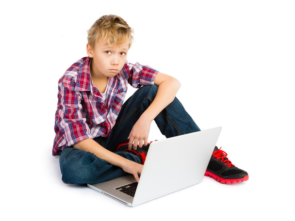 Sad Boy with Laptop - Φωτογραφία, εικόνα