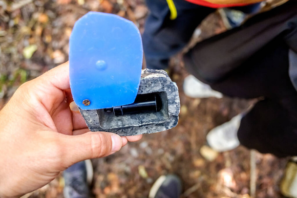 Geocache hidden in a forest found by searchers - Photo, Image