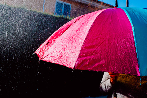 Kolorowy parasol mokry od ulewnego deszczu. - Zdjęcie, obraz
