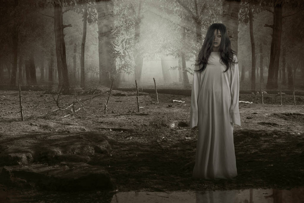 Scary ghost woman standing with haunted forest background. Halloween concept - Fotografie, Obrázek