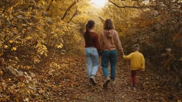 ママは秋の公園で子供たちと一緒に歩く - 映像、動画