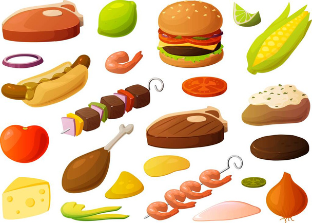 Векторная иллюстрация различных изделий и ингредиентов барбекю на белом фоне - Вектор,изображение
