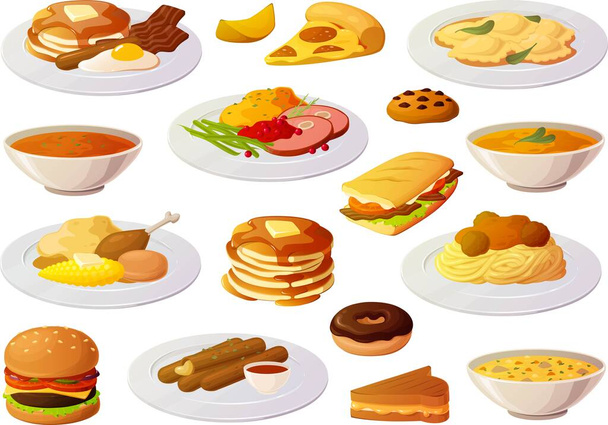 Vector illustratie van verschillende Amerikaanse home gekookt eten menu restaurant items geïsoleerd op witte achtergrond - Vector, afbeelding