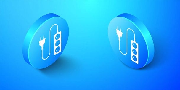 Isometric Electric extension cord icon isolated on blue background. Power plug socket. Blue circle button. Vector. - Vector, Image