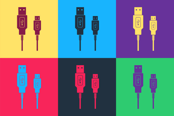 Pop art USB Micro cables icon isolated on color background. Connectors and sockets for PC and mobile devices. Smartphone recharge supply.  Vector. - Vector, Image