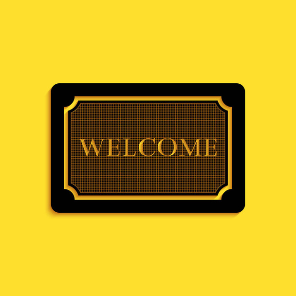 Tappetino nero con il testo icona di benvenuto isolata su sfondo giallo. Cartello di benvenuto. Lungo stile ombra. Vettore. - Vettoriali, immagini