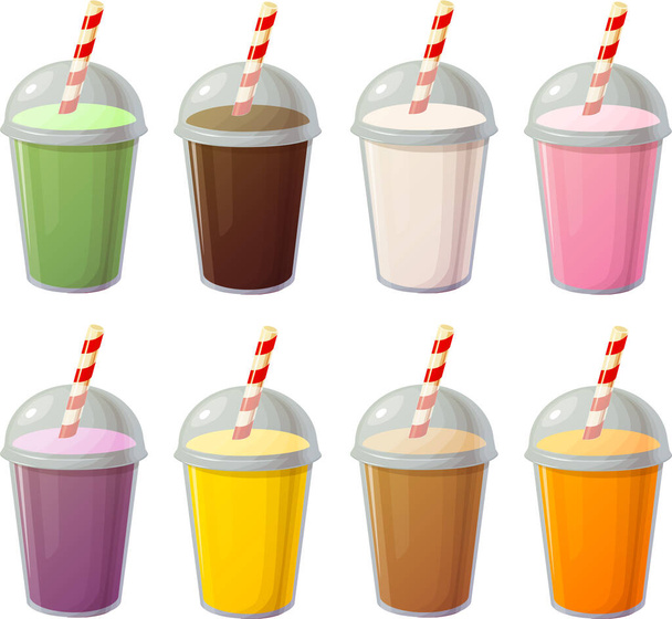 Vector illustration of various fast food take out plastic containers with cold drinks, smoothies, milk shakes or soda isolated on white background - Vector, imagen